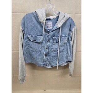 American Eagle Women XS Cropped Denim Jacket Gray Hooded Sweatshirt Sleeves Blue